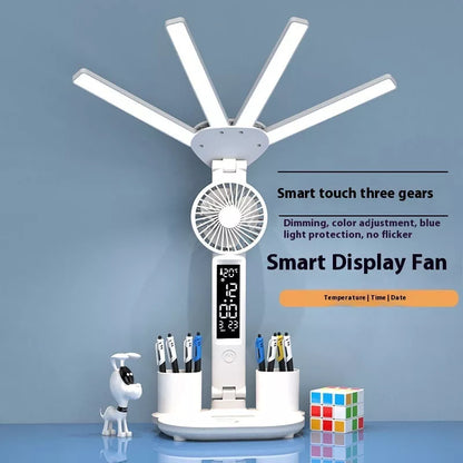 3-in-1 Multifunction LED Desk Lamp with fan, calendar clock, and adjustable lighting