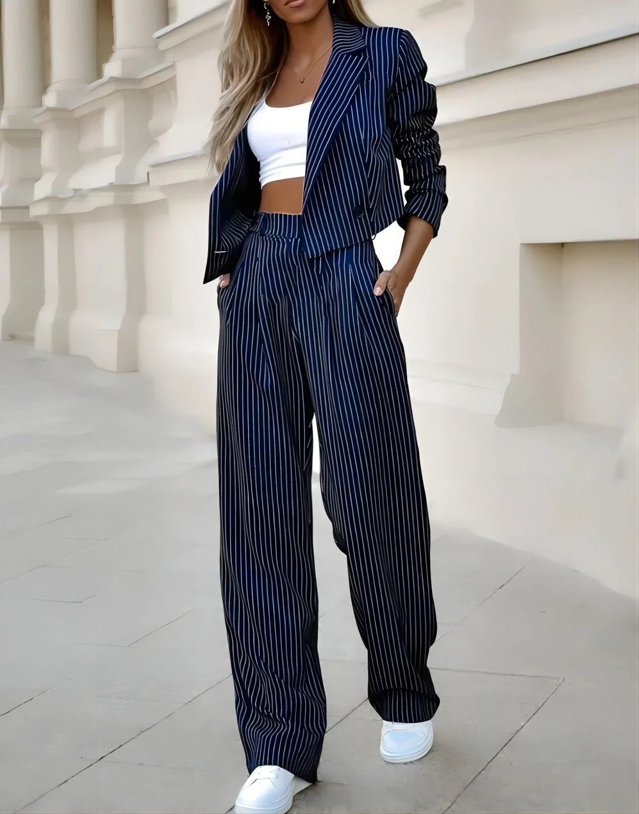Stylish striped suit set with cropped top and straight-leg pants in a variety of classic colors