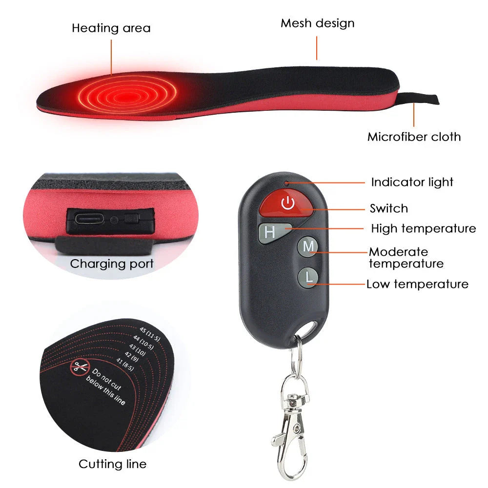 Heated insoles for men and women with rechargeable electric foot warming pads, designed to fit any size boot or shoe