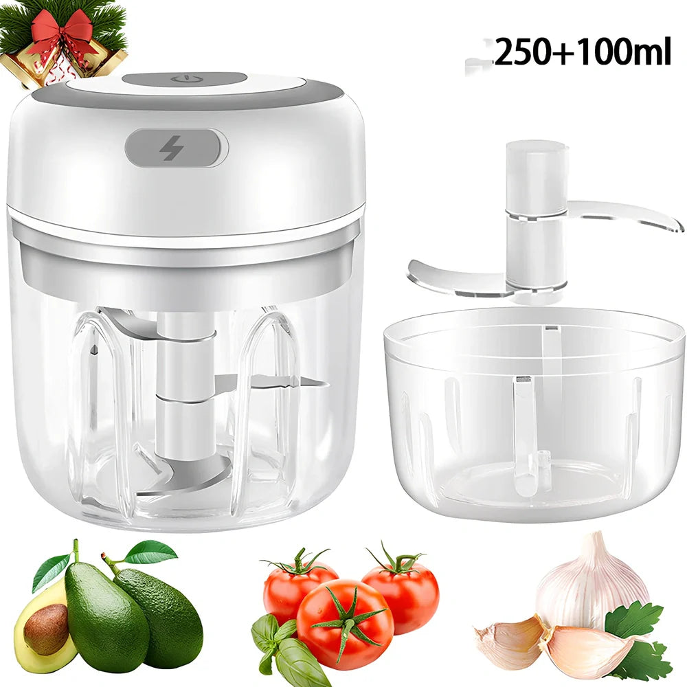 Mini electric garlic chopper with stainless steel blades in green, pink, or white with USB charging cable