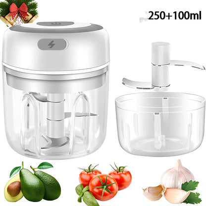 Mini electric garlic chopper with stainless steel blades in green, pink, or white with USB charging cable