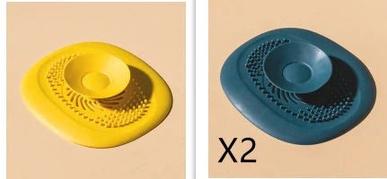 TPR vortex design sink drain cover in twilight orange, quiet blue, mango yellow, and gentian green