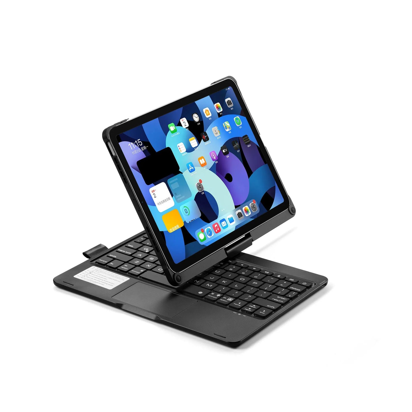 Rotating Bluetooth keyboard with backlight for iPad Pro and iPad Air tablets in black, silver, and rose gold.