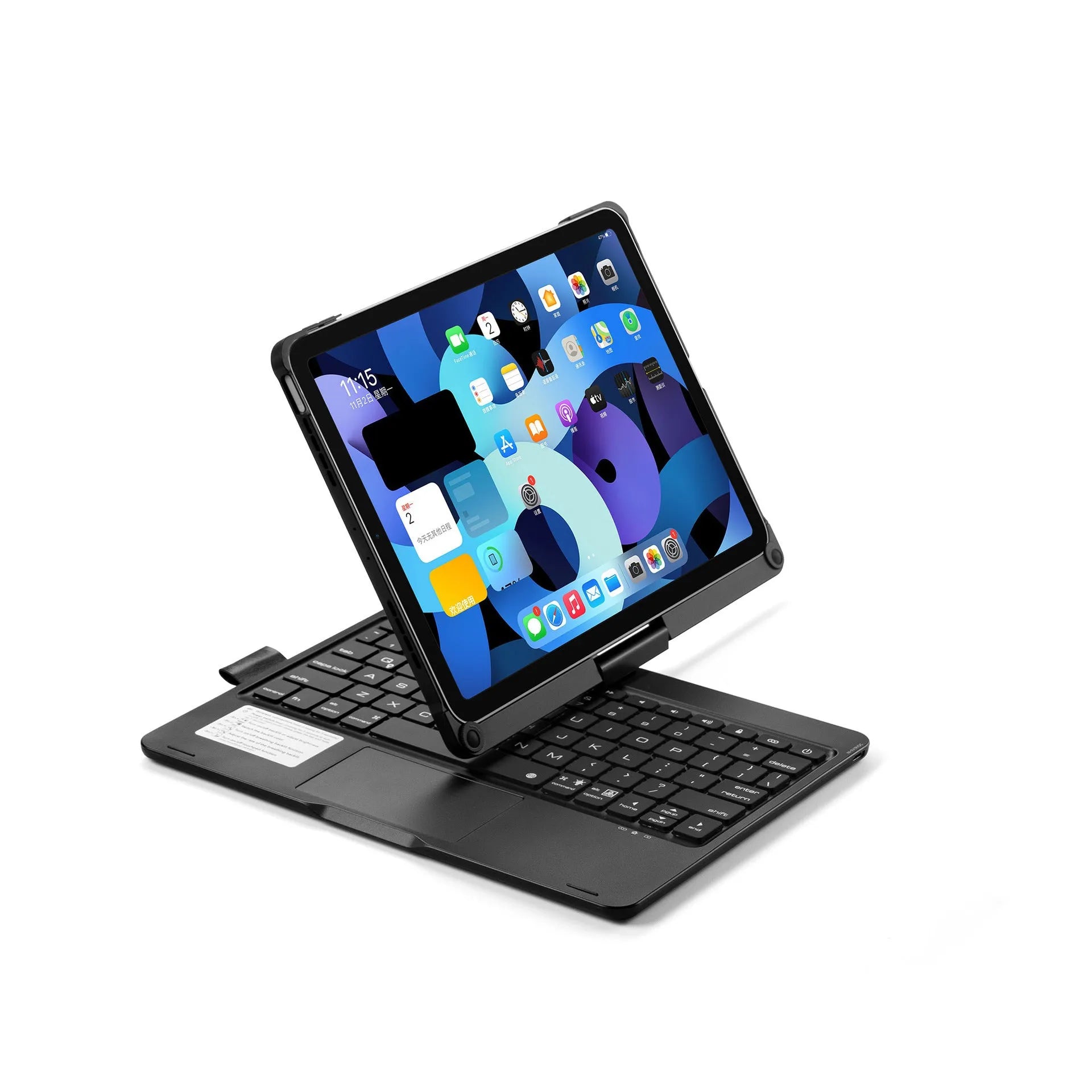 Rotating Bluetooth keyboard with backlight for iPad Pro and iPad Air tablets in black, silver, and rose gold.