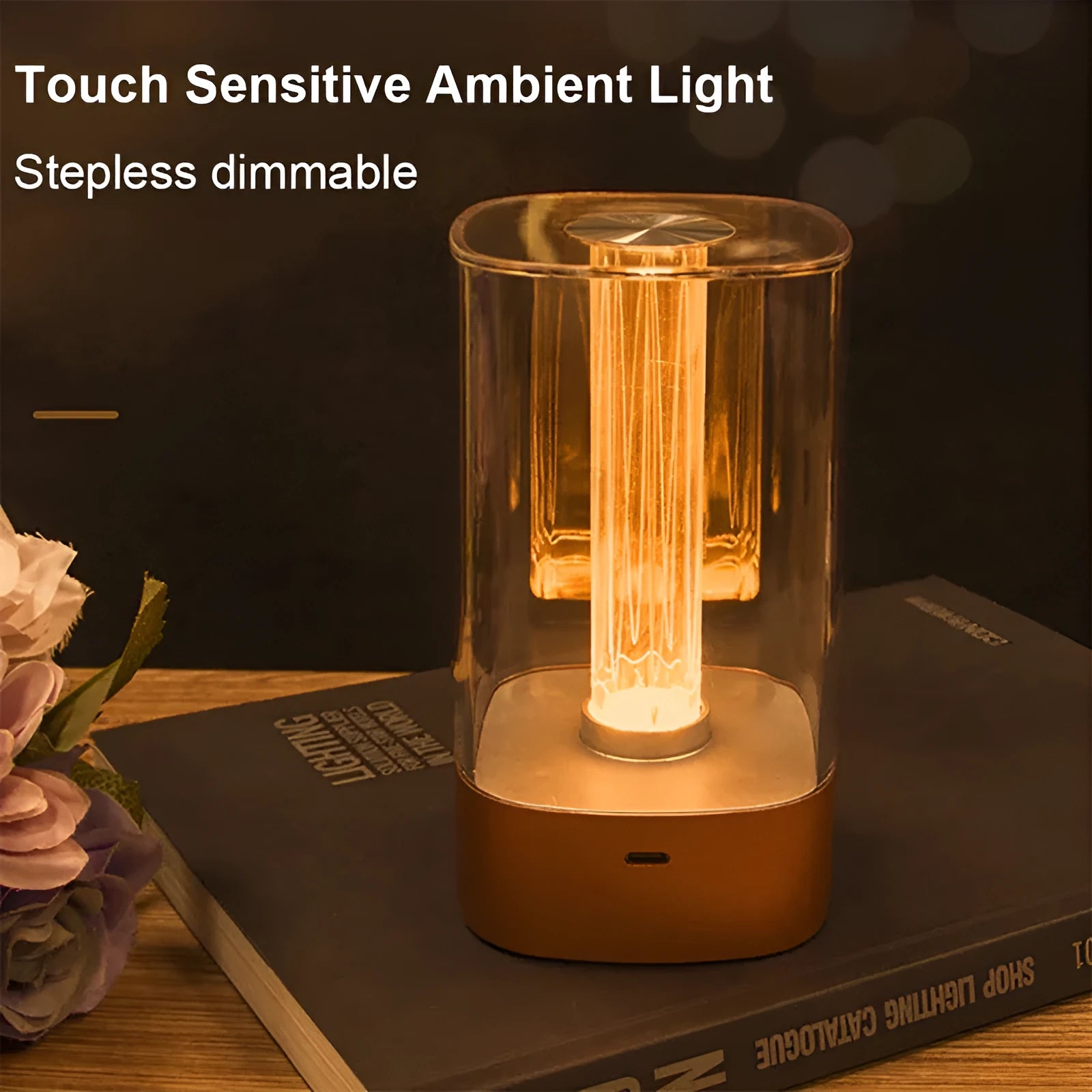 Rose Gold LED touch atmosphere lamp with abstract pattern on bedside table