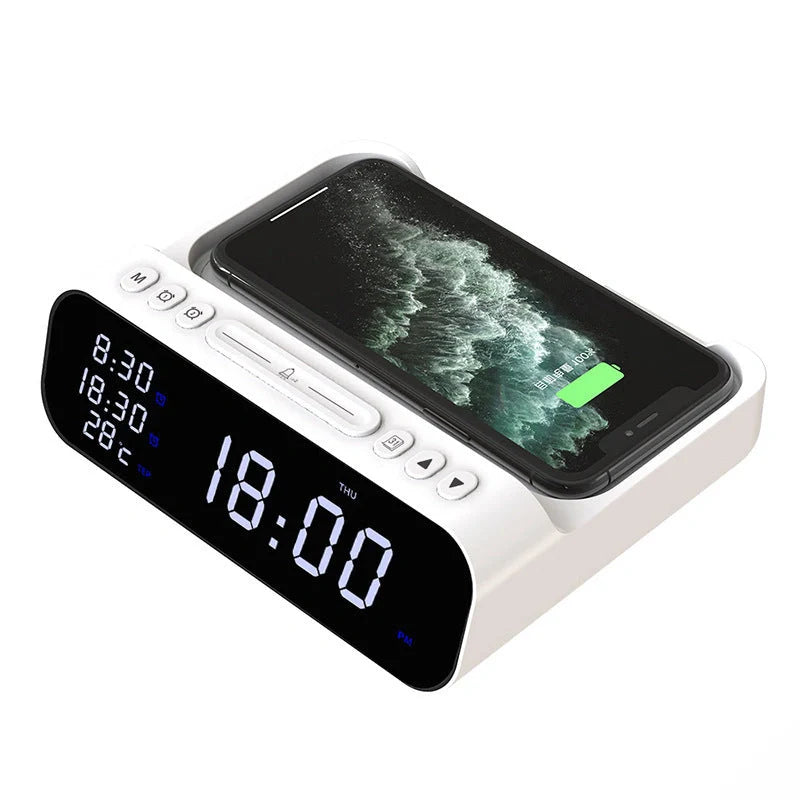 15W Three-in-One Wireless Charger with Alarm Clock and Temperature Tester in black and white