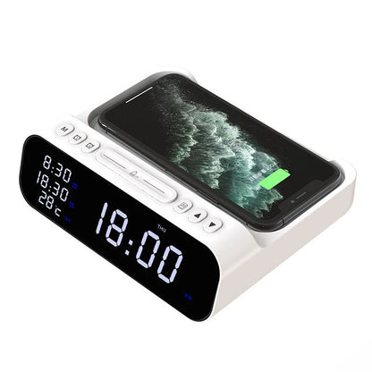 15W Three-in-One Wireless Charger with Alarm Clock and Temperature Tester in black and white