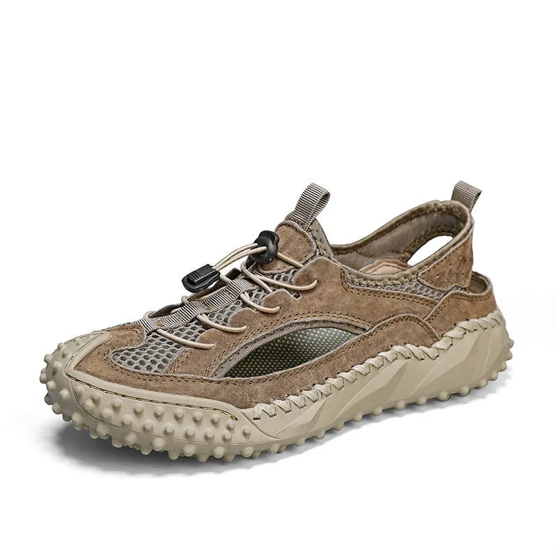 Men's black waterproof sports sandals with leather mesh upper, elastic band, and rubber sole.