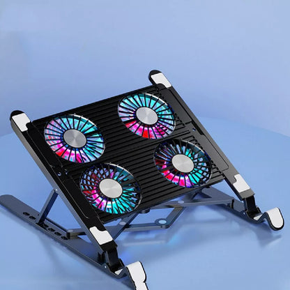 Folding laptop stand with silent cooling fan in black and white