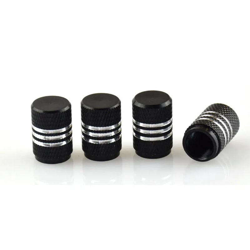 Car tyre aluminium alloy colour valve cap set made from stainless steel with universal fit for most vehicles, available in ten different colour finishes including black, red, blue, gold, and silver.