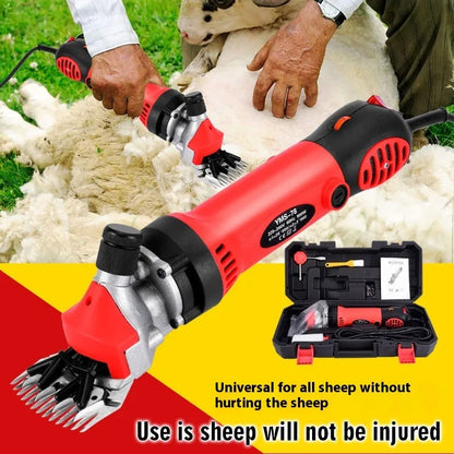Yellow electric wool shearing tool with 13-tooth blade, multiple blade sets, and maintenance accessories in plastic storage box