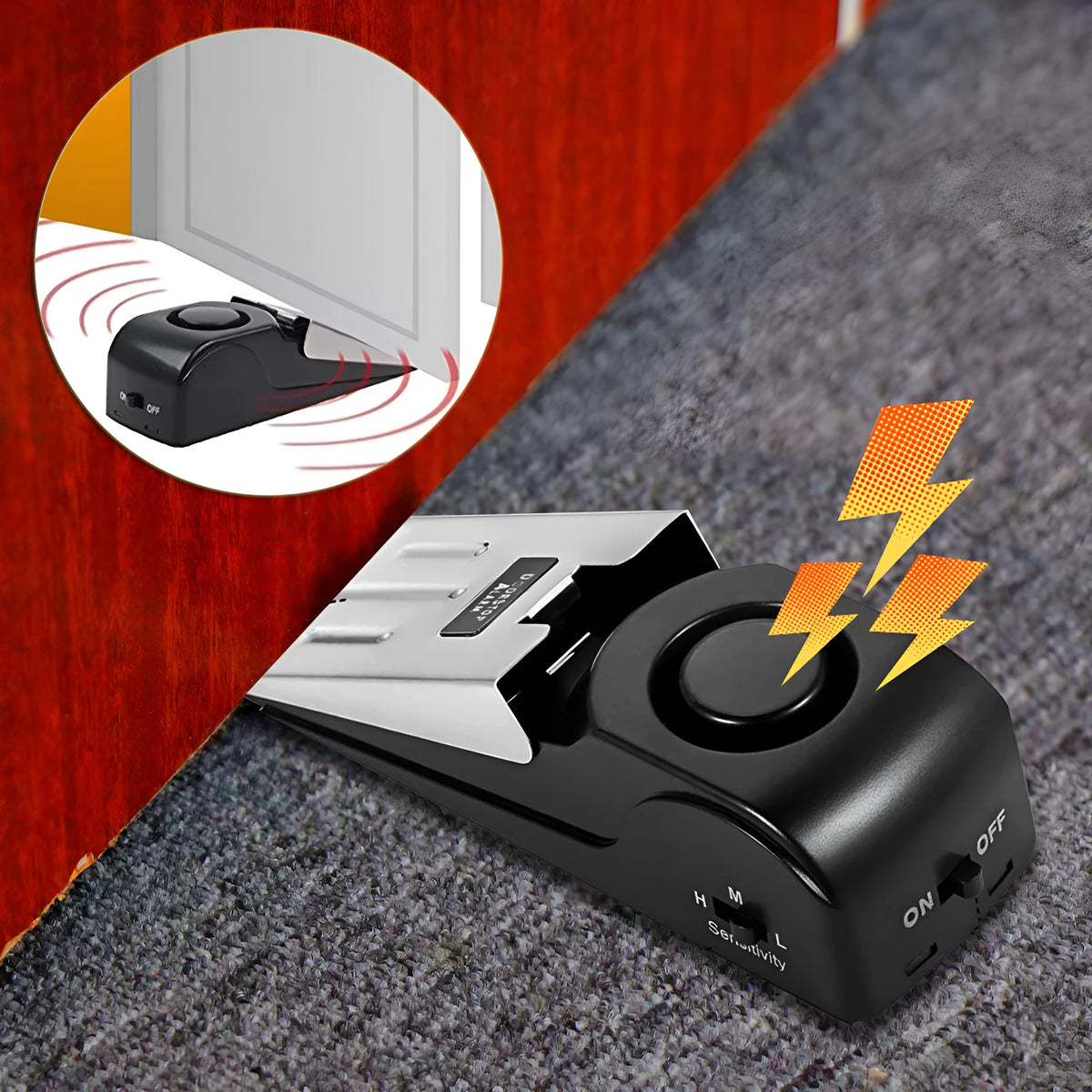 Portable wedge-shaped door stop alarm unit with stainless steel cover and sensitivity controls.