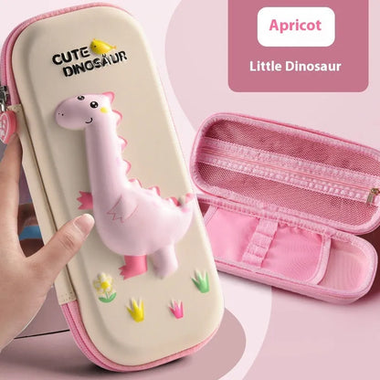Leather 3D pencil case showing design themes: dinosaur, astronaut, mermaid, unicorn, and spaceship.