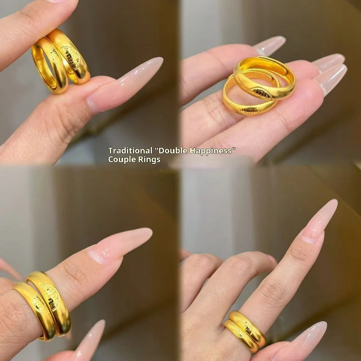 Adjustable brass couple ring with lotus flower shape and double happiness character, men's and women's style
