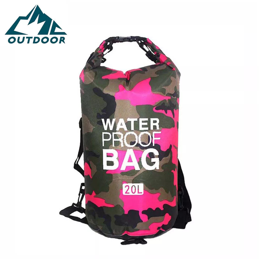 Camouflage polyester waterproof bag with PVC for outdoor activities, available in multiple colors and sizes.