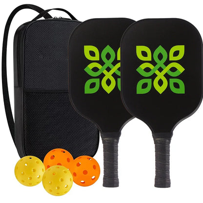 Peak Racket fibreglass squash set showing two rackets and four balls for complete playing equipment