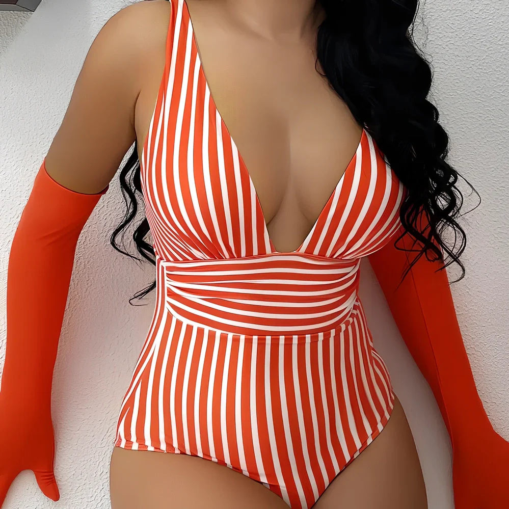 Women's striped one-piece swimsuit with vertical pattern and spandex lining for swimming