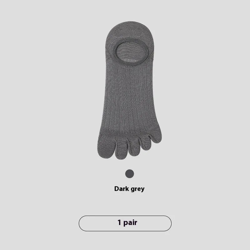 Men's five-finger invisible socks in modal fabric, shown in assorted colours including black, grey, and khaki.