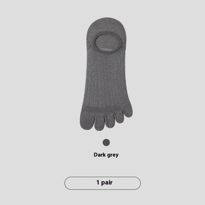 Men's five-finger invisible socks in modal fabric, shown in assorted colours including black, grey, and khaki.