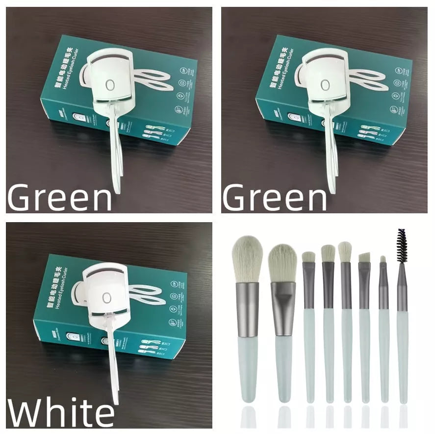 Electric Heating Eyelash Curler in white, pink, and green colors for safe, effective lash curling