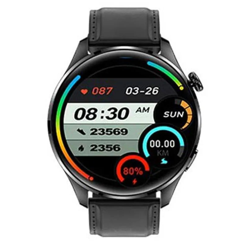 Smart watch with round colour screen, zinc alloy case, and silicone strap, showing Bluetooth calling and access control features
