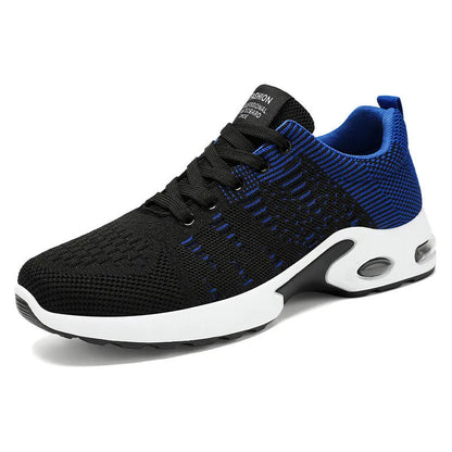 Men's Flyknit mesh casual sneakers in black and blue colour with round toe and lace-up front