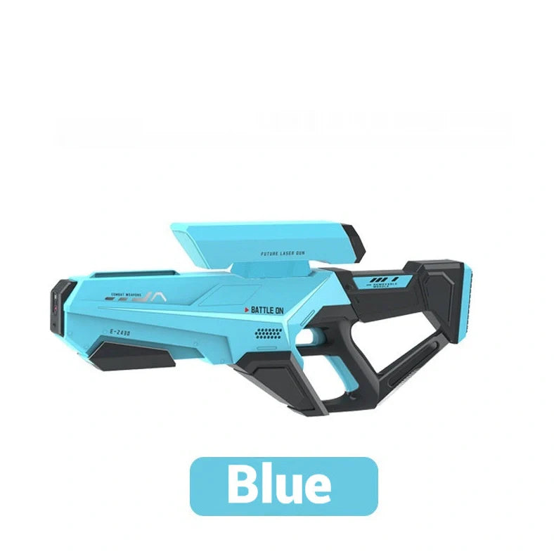 Electric water gun with 750ml capacity in blue colour showing USB charging port and automatic delivery system