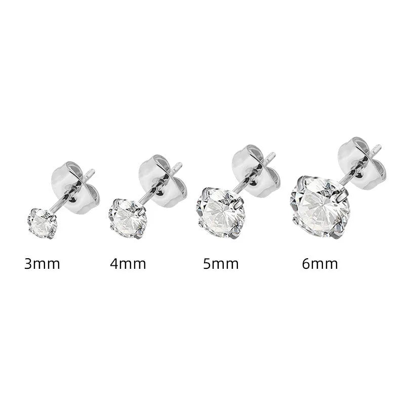 Square geometric stainless steel stud earrings with a round zircon stone, available in steel or gold colour.