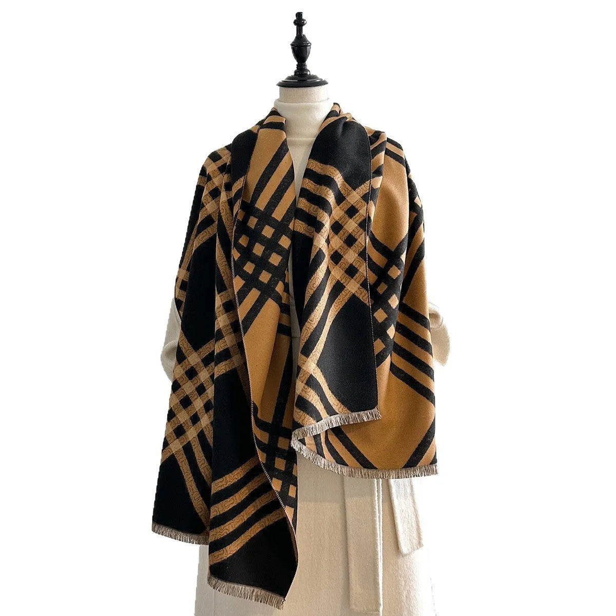 Cashmere-like winter scarf with tassels in brown, black, black camel or khaki colours