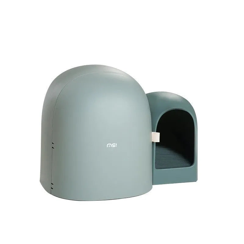 Oversized fully enclosed cat litter box in moss green, showing roof and entryway.