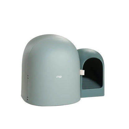 Oversized fully enclosed cat litter box in moss green, showing roof and entryway.