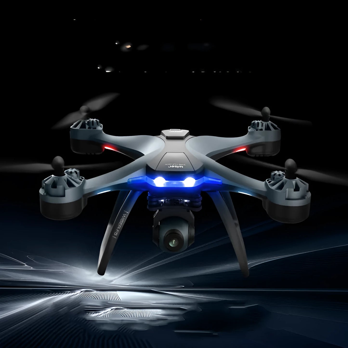 Black plastic quadrocopter drone with four rotors, remote control handle, and dual cameras