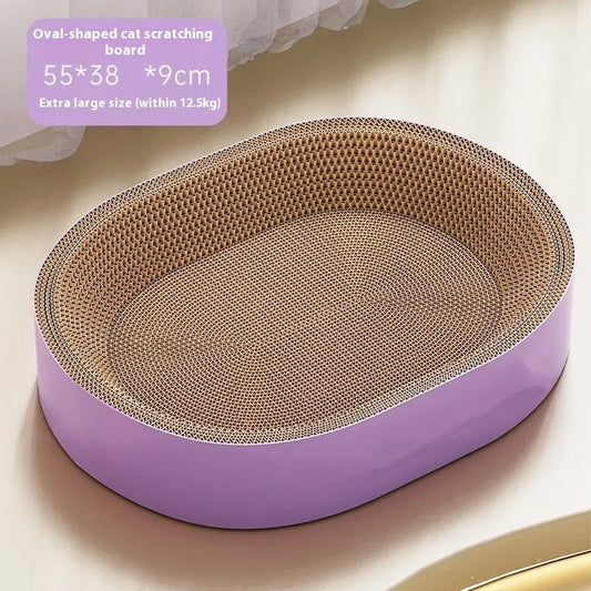 Oval-shaped cat scratch board measuring 55cm in diameter made from green corrugated paper