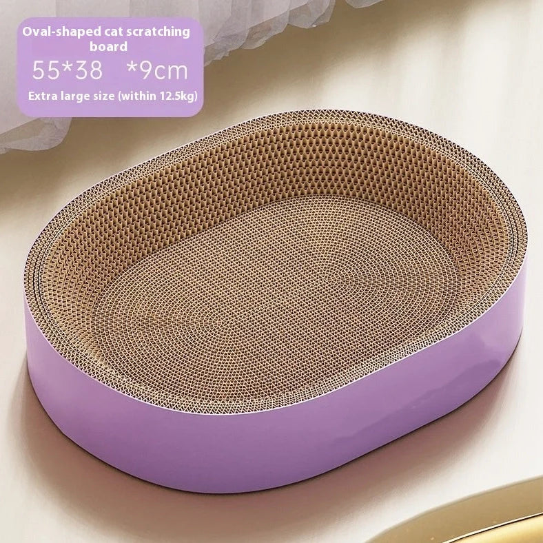 Green oval corrugated paper cat scratch board with 55cm diameter and integrated cat nest