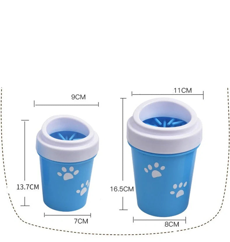 Silicone dog paw cleaner cup in blue, green, or pink with soft bristles for washing muddy paws