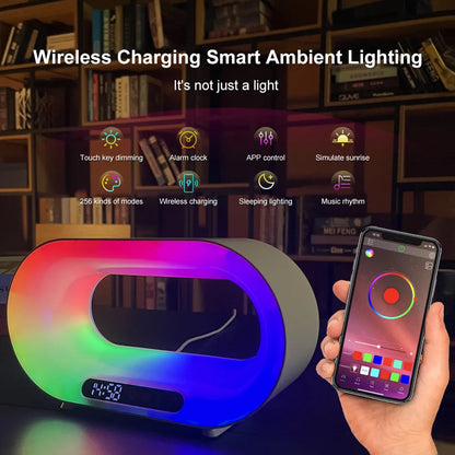 White smart bedside lamp with wireless charging pad, LED lighting, and digital alarm clock display