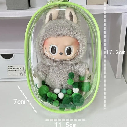 Transparent PVC cube storage bag in 17cm size with avocado green colourful ball keychain attachment