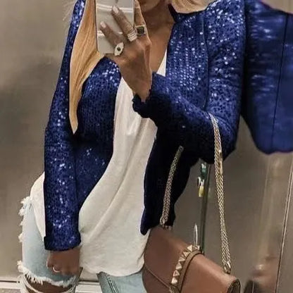 Women's slim fit short sequin coat, 50cm length, available in 17 colours and sizes S to XXXL.