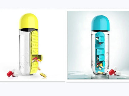 Two-in-one water cup with attached 7-day pill organiser showing daily compartments and screw-top lid