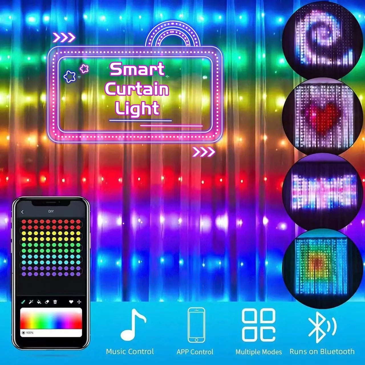 Smart LED RGB Curtain String Lights with Bluetooth control for vibrant home and party decor