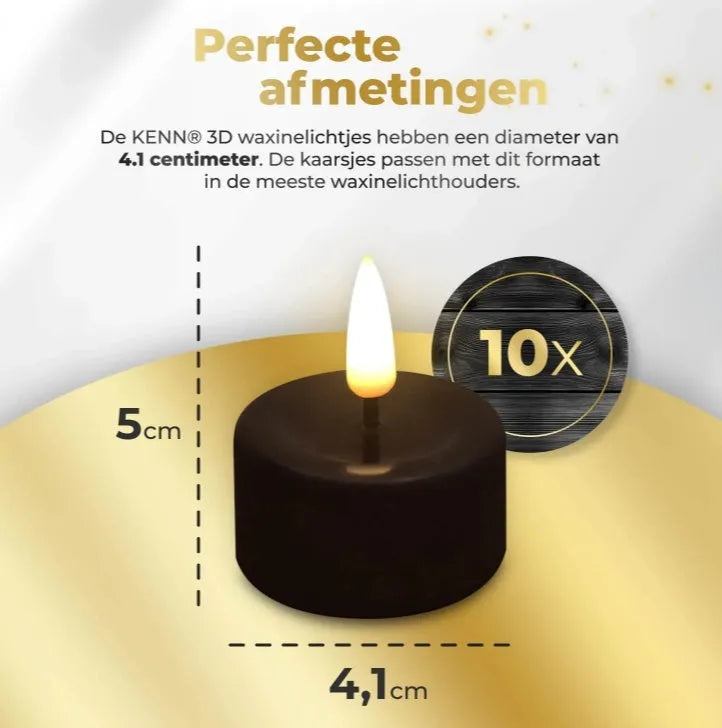 Four black LED tealight candles showing realistic flame effect with 4.1cm diameter measurement