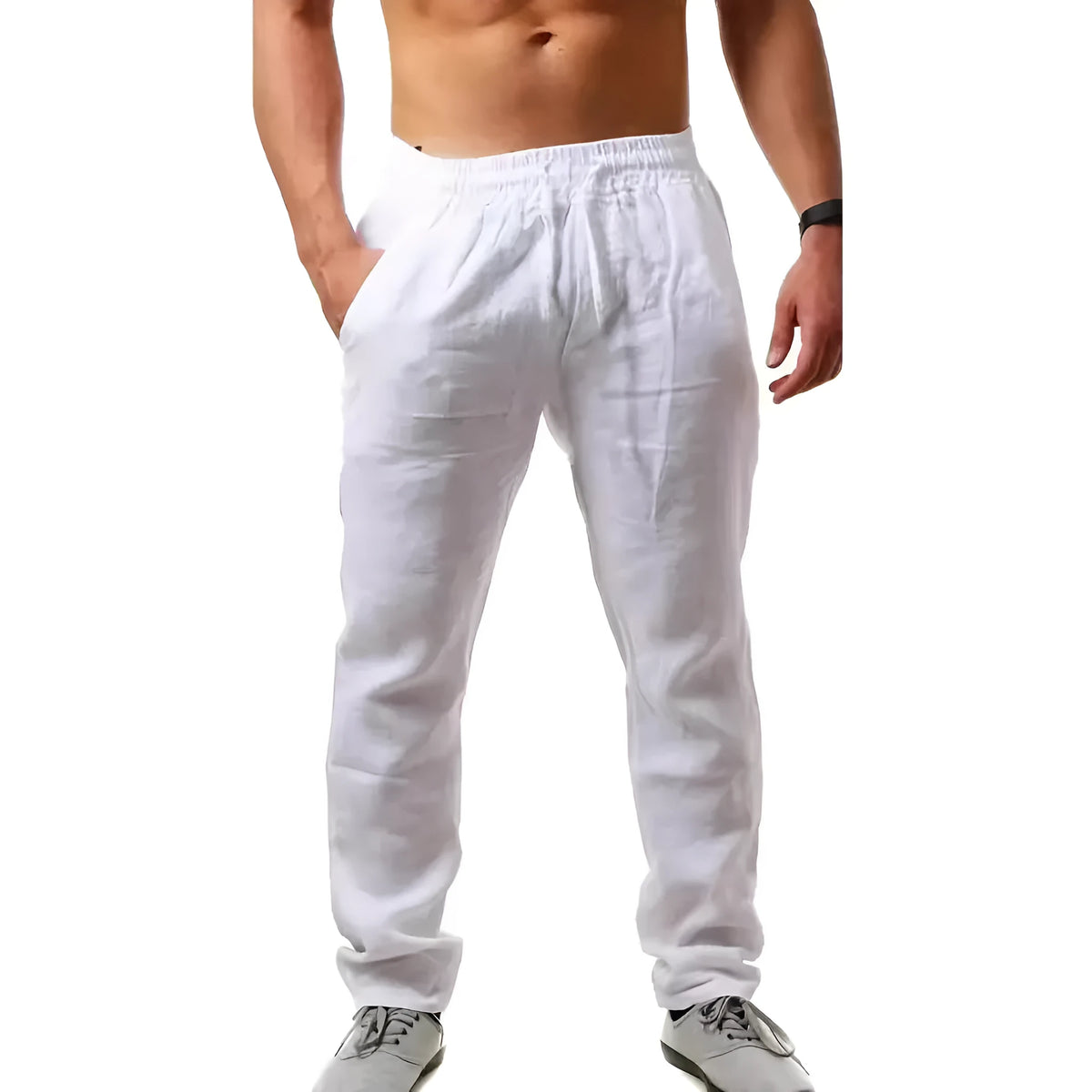 Men's cotton linen beach trousers in loose casual fit, shown in solid colour options