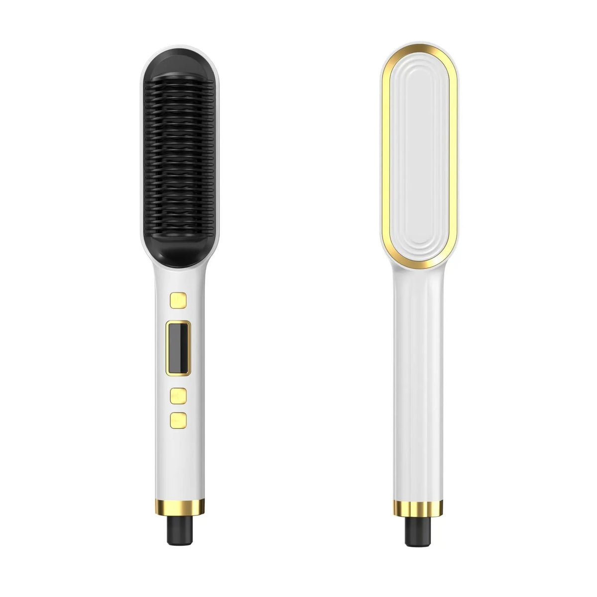 Display hair straightener and curler with ABS heater band, plug-in power, in black, white, red, green, or beige.