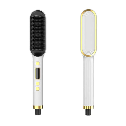 Display hair straightener and curler with ABS heater band, plug-in power, in black, white, red, green, or beige.