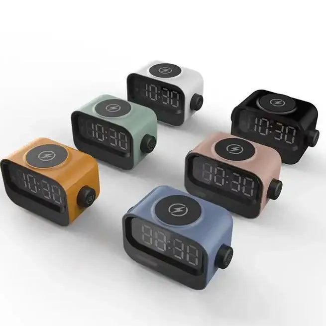 Three-in-one digital alarm clock with atmosphere light and speaker, black or white, 1200 mAh battery