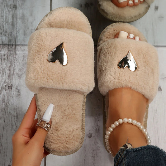 Cozy women's faux fur slippers with heart pendant in various colors