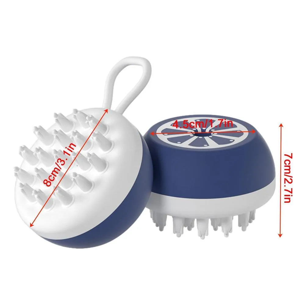 Blue, grey, and yellow 3-in-1 dog shampoo brush with massage points on a white background.