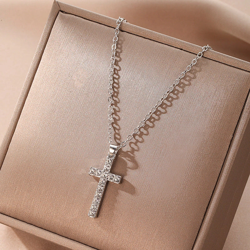 Silver Jesus Cross Necklace with geometric design on clavicle chain
