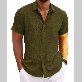 A versatile linen shirt in various colors, featuring a standing collar and short sleeves for a modern, tailored look.