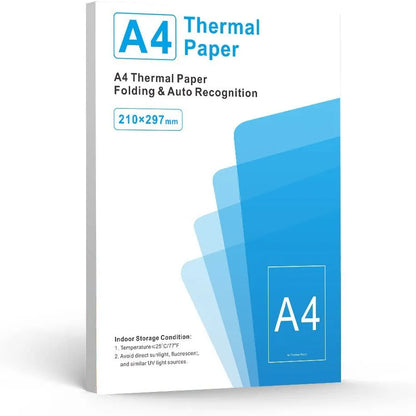 White A4 quick-drying thermal paper sheets for portable printers, shown with 100-sheet colour box packaging.